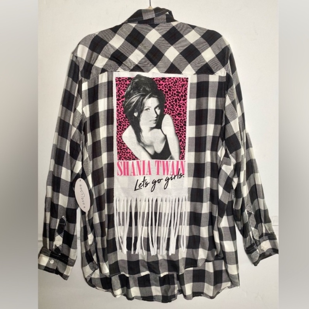 Shania Twain Western Buffalo Plaid Shirt with fringe.